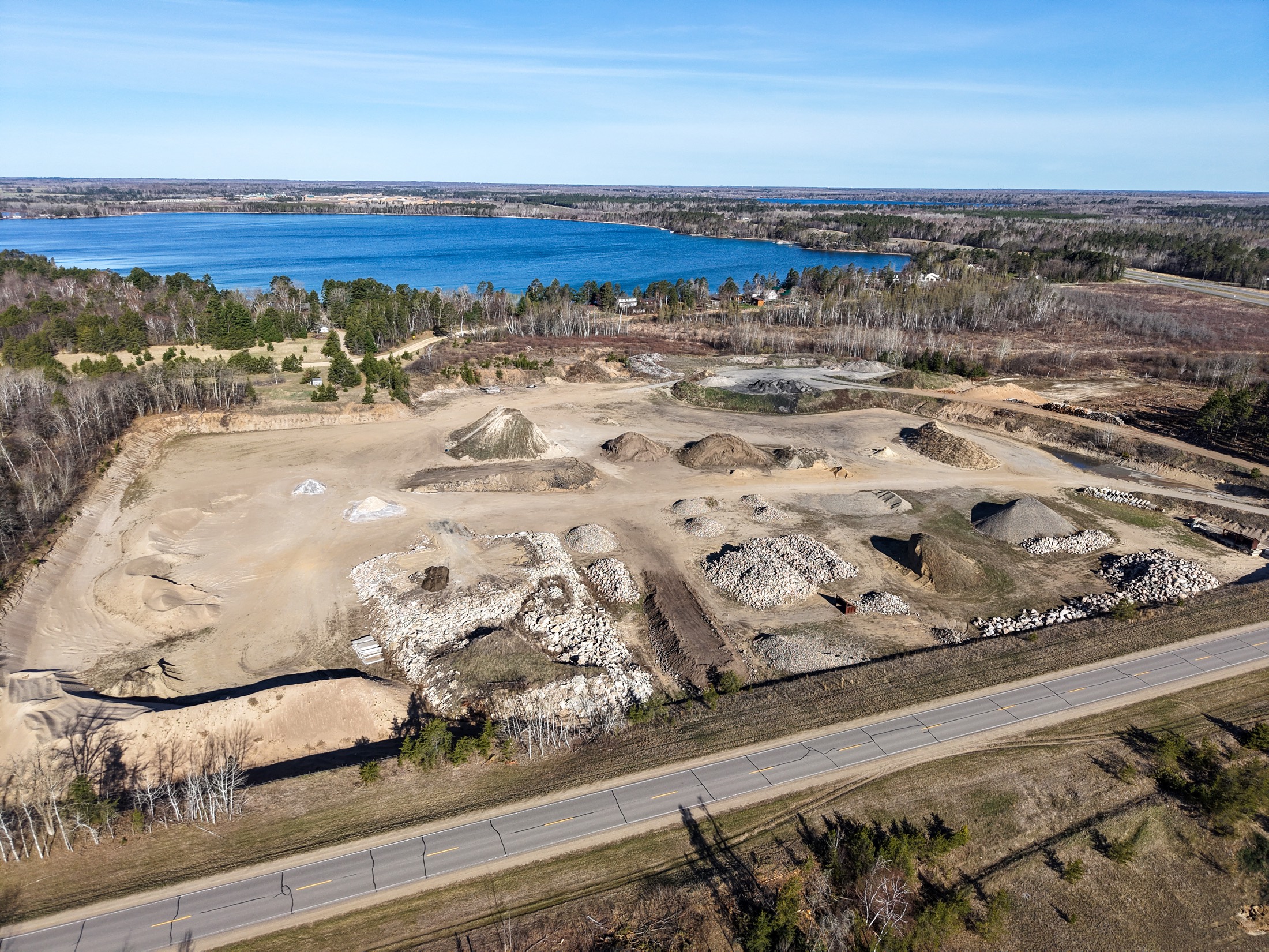 Aerial view of the Storlie gravel pit on a Minnesota lake